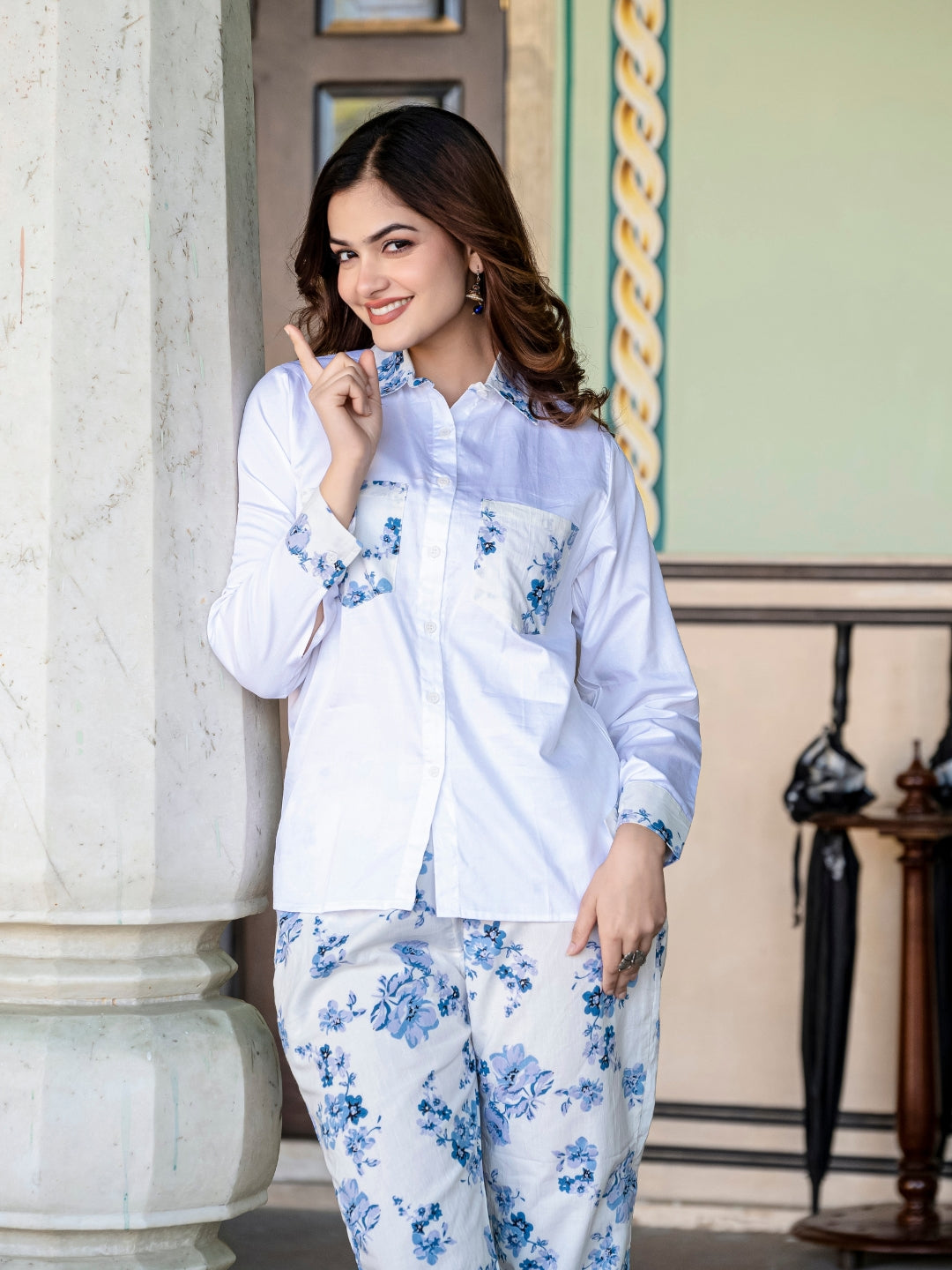 White Pure Cotton Flower Detailing Co-ord Set