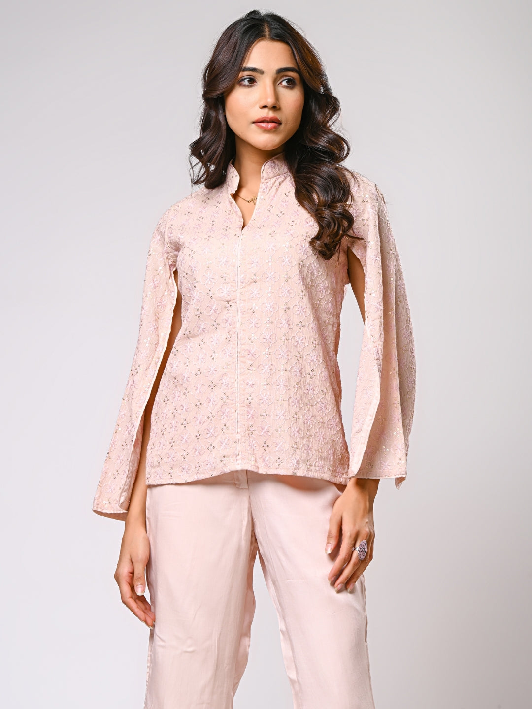 Rose Pink Cotton Shiffli Open Sleeves Co-ord Set