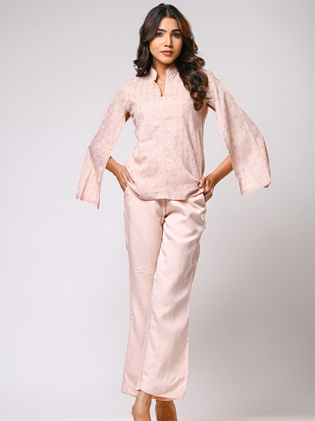 Rose Pink Cotton Shiffli Open Sleeves Co-ord Set