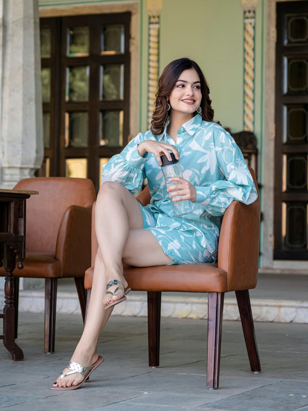 Sea Green Pure Cotton Printed Shorts Set