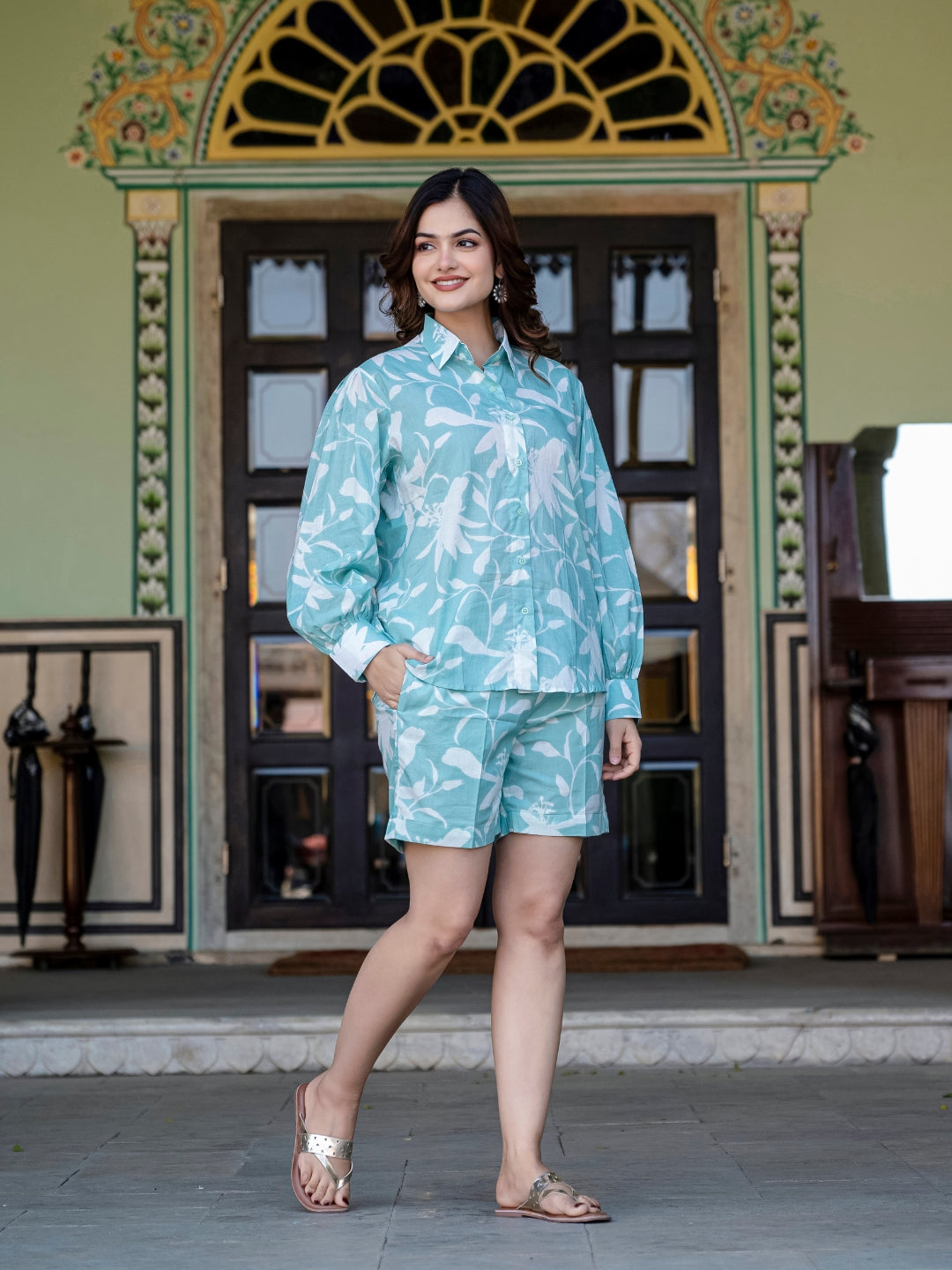 Sea Green Pure Cotton Printed Shorts Set