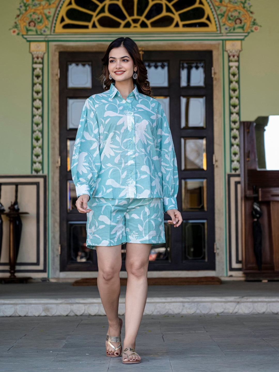 Sea Green Pure Cotton Printed Shorts Set