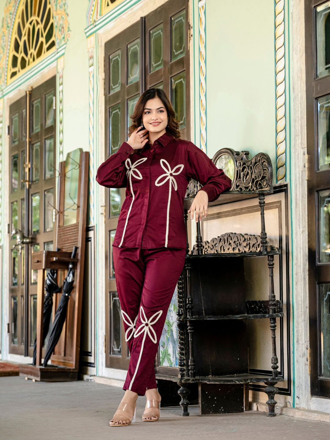 Maroon Italian Cotton Co-ord Set With Lace detaling