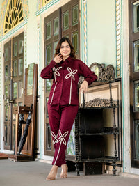 Maroon Italian Cotton Co-ord Set With Lace detaling