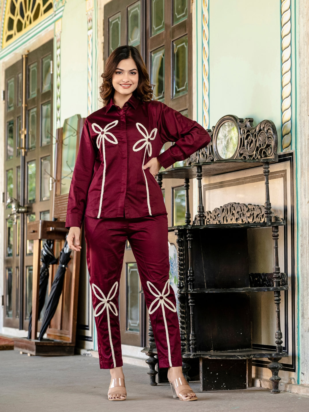 Maroon Italian Cotton Co-ord Set With Lace detaling