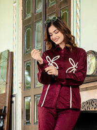 Maroon Italian Cotton Co-ord Set With Lace detaling