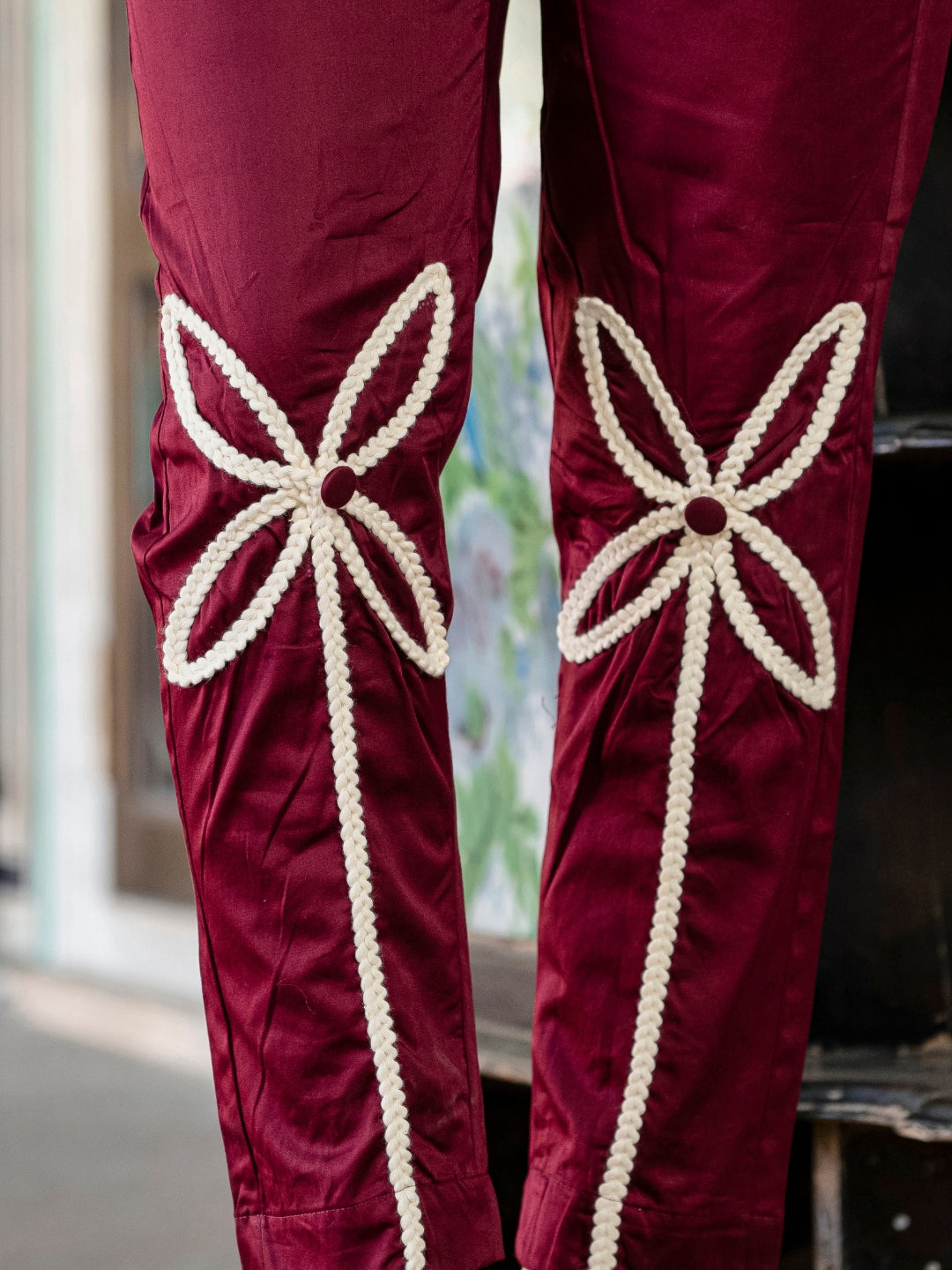 Maroon Italian Cotton Co-ord Set With Lace detaling