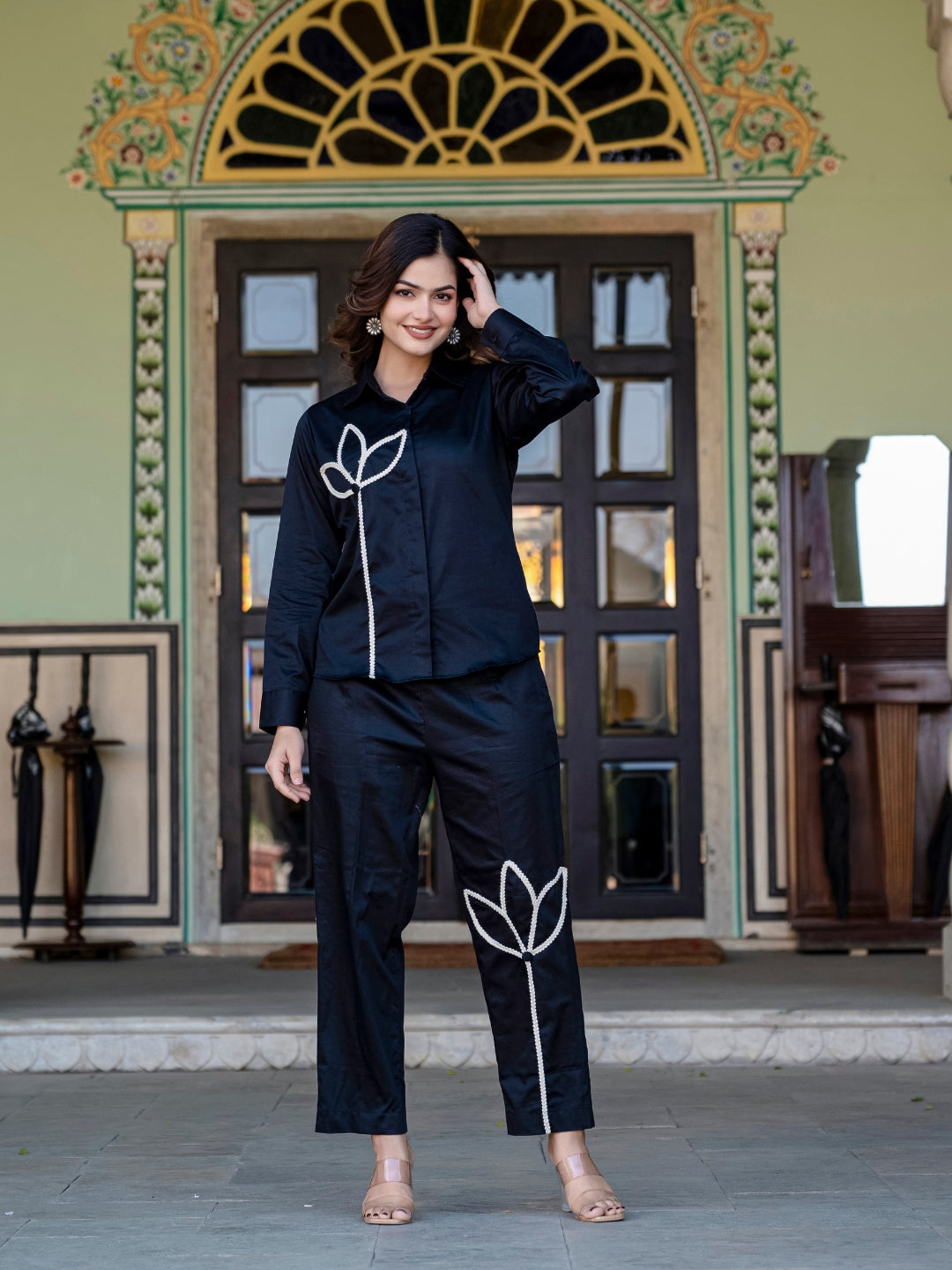 Black Italian Cotton Co-ord Set With Lace detailing