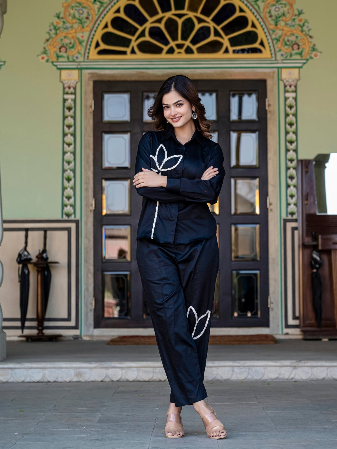 Black Italian Cotton Co-ord Set With Lace detailing