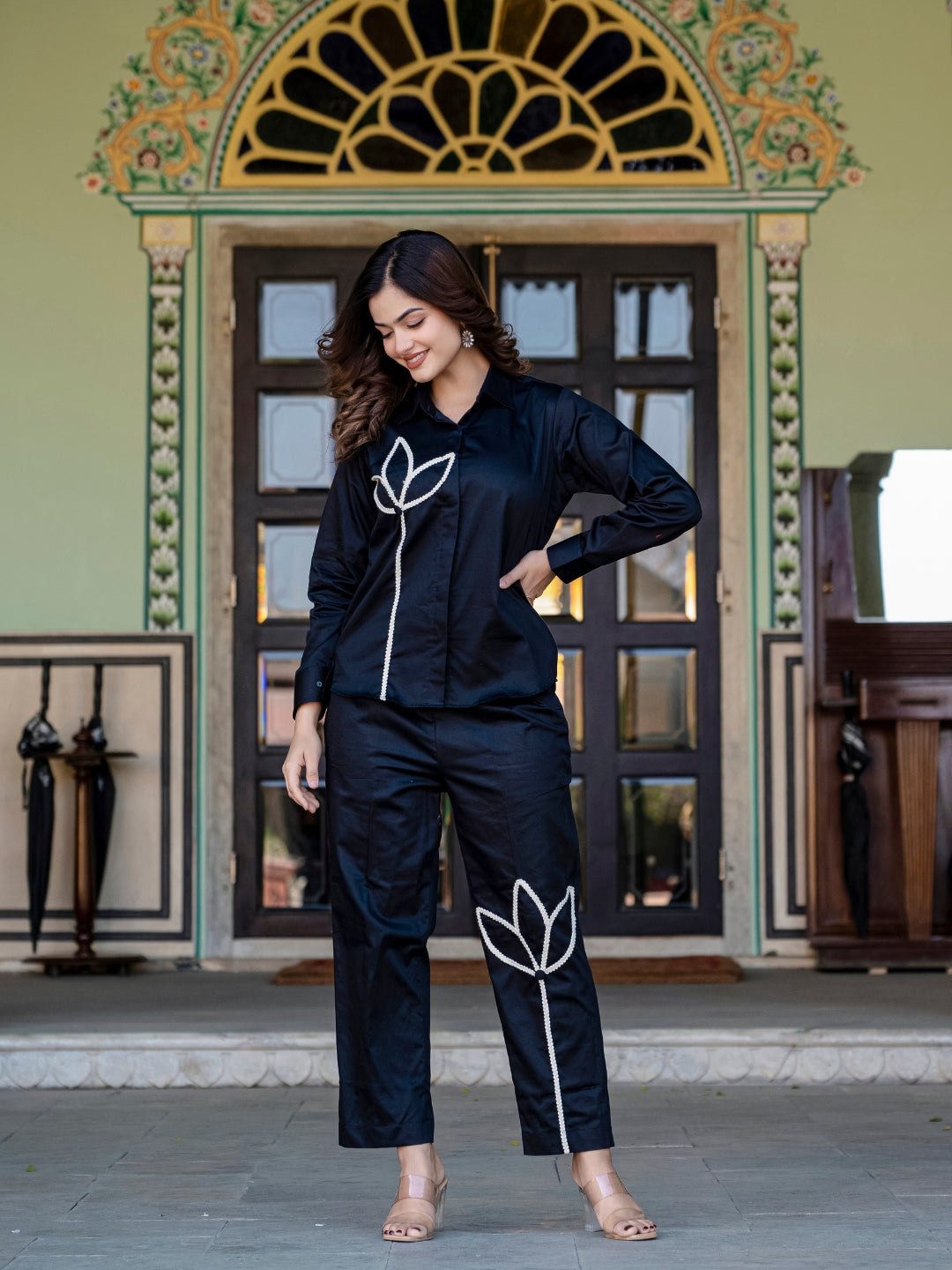 Black Italian Cotton Co-ord Set With Lace detailing