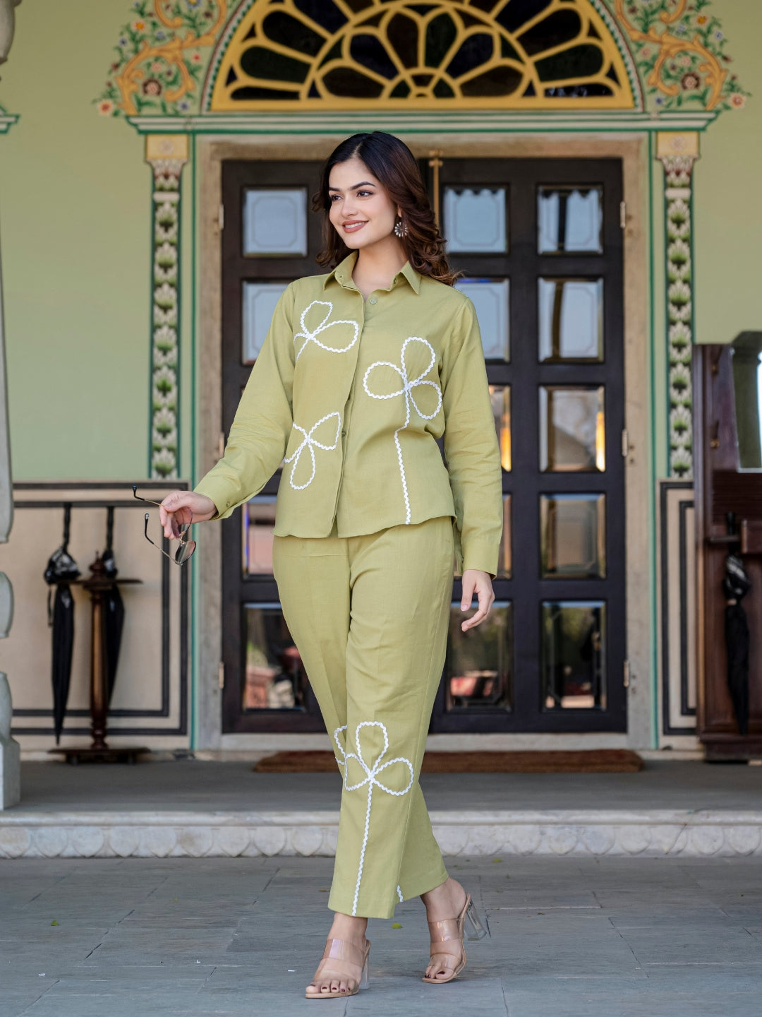 Green Cotton Co-ord Set With Lace detailing