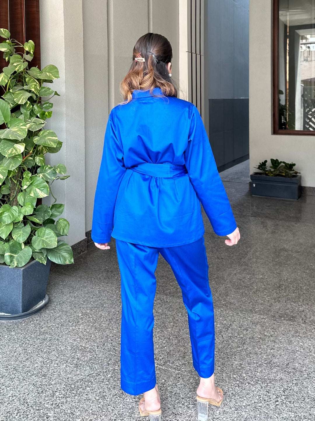 Royal Blue Italian Cotton Blazer Co-ord Set With Embroidery