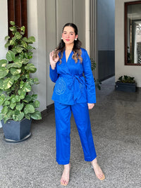 Royal Blue Italian Cotton Blazer Co-ord Set With Embroidery