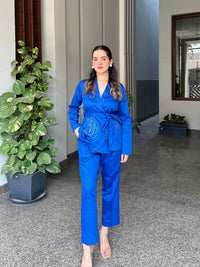 Royal Blue Italian Cotton Blazer Co-ord Set With Embroidery