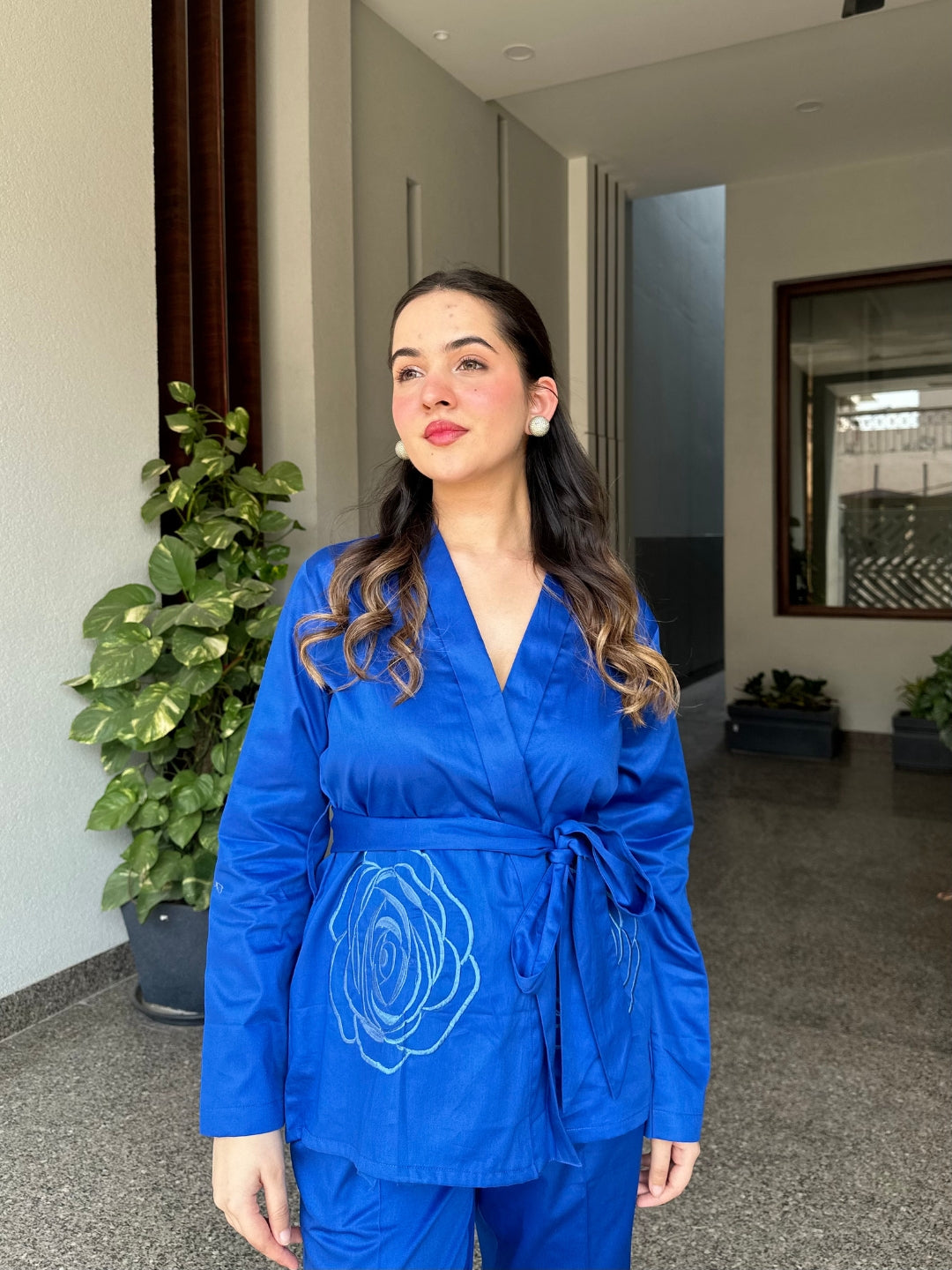 Royal Blue Italian Cotton Blazer Co-ord Set With Embroidery