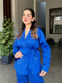 Royal Blue Italian Cotton Blazer Co-ord Set With Embroidery