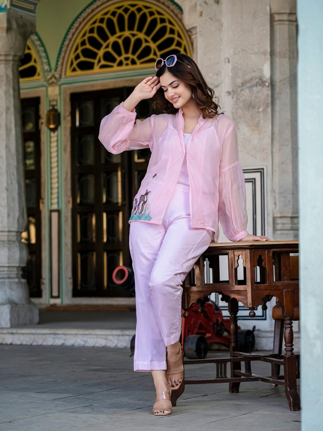 Pink Organza 3 Pcs Co-ord Set With Embroidery Detailing