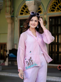 Pink Organza 3 Pcs Co-ord Set With Embroidery Detailing