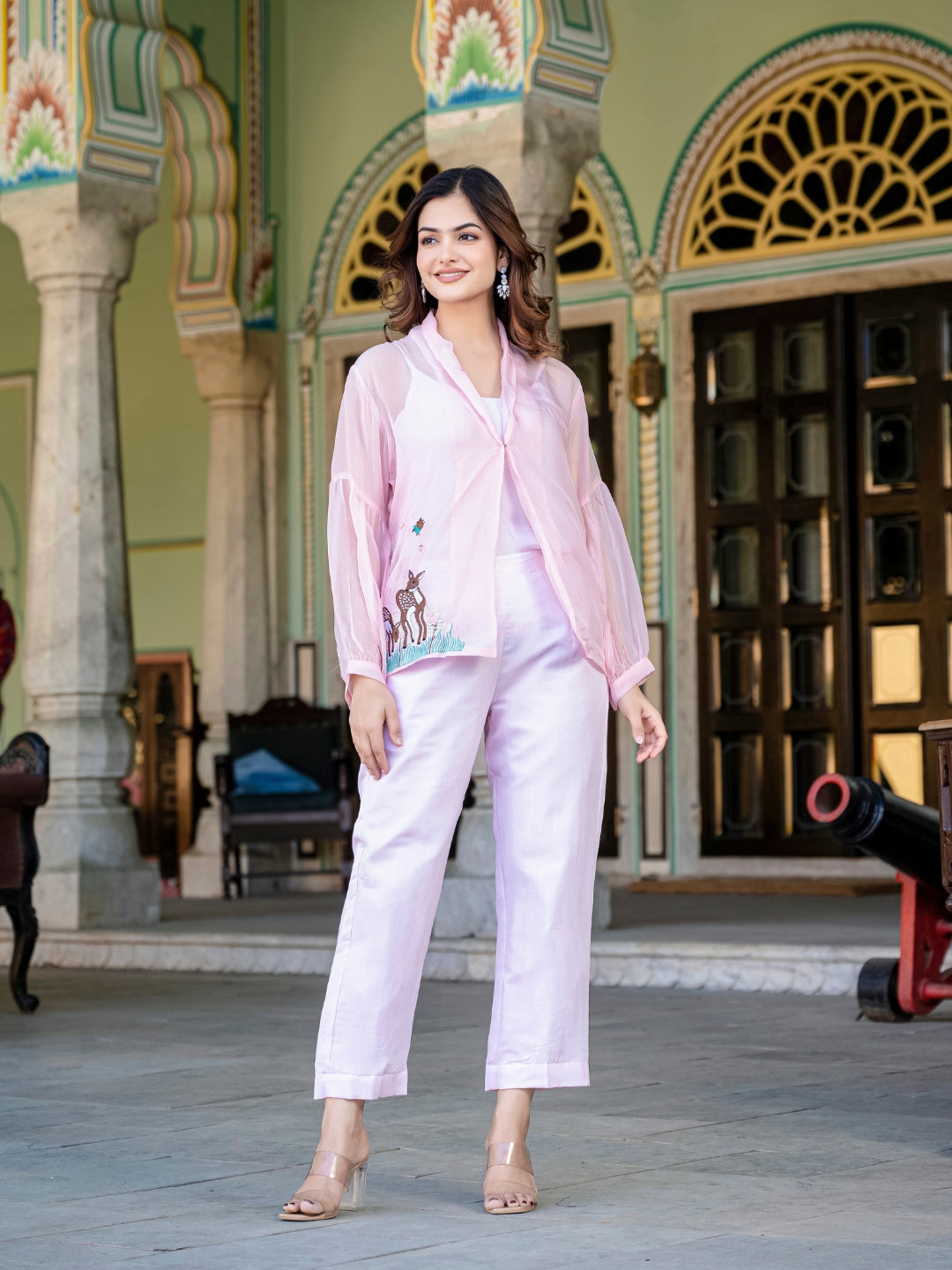 Pink Organza 3 Pcs Co-ord Set With Embroidery Detailing