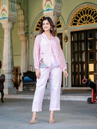 Pink Organza 3 Pcs Co-ord Set With Embroidery Detailing