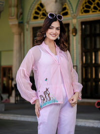 Pink Organza 3 Pcs Co-ord Set With Embroidery Detailing