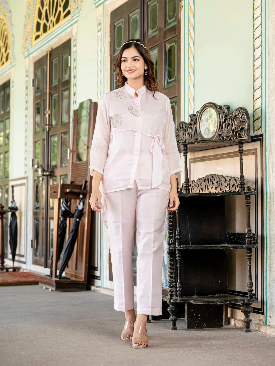 Pink Summer Silk Co-ord Set With Cutwork Detailing