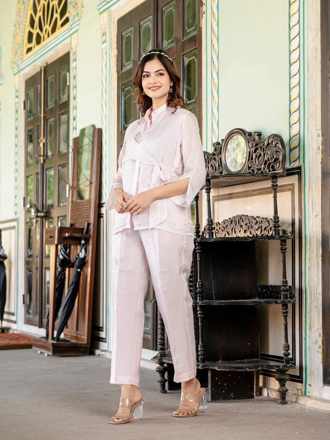 Pink Summer Silk Co-ord Set With Cutwork Detailing