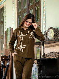 Brown Cotton Co-ord Set With Lace detailing