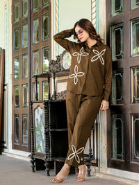 Brown Cotton Co-ord Set With Lace detailing