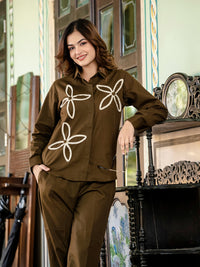 Brown Cotton Co-ord Set With Lace detailing