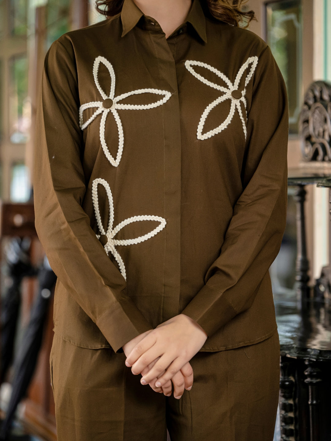 Brown Cotton Co-ord Set With Lace detailing