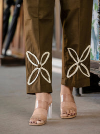 Brown Cotton Co-ord Set With Lace detailing