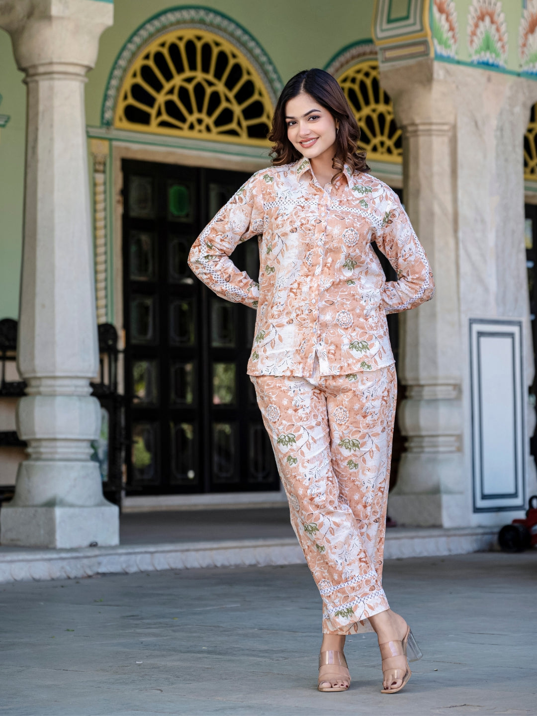 Peach Pure Cotton Lace Detailing Co-ord Set