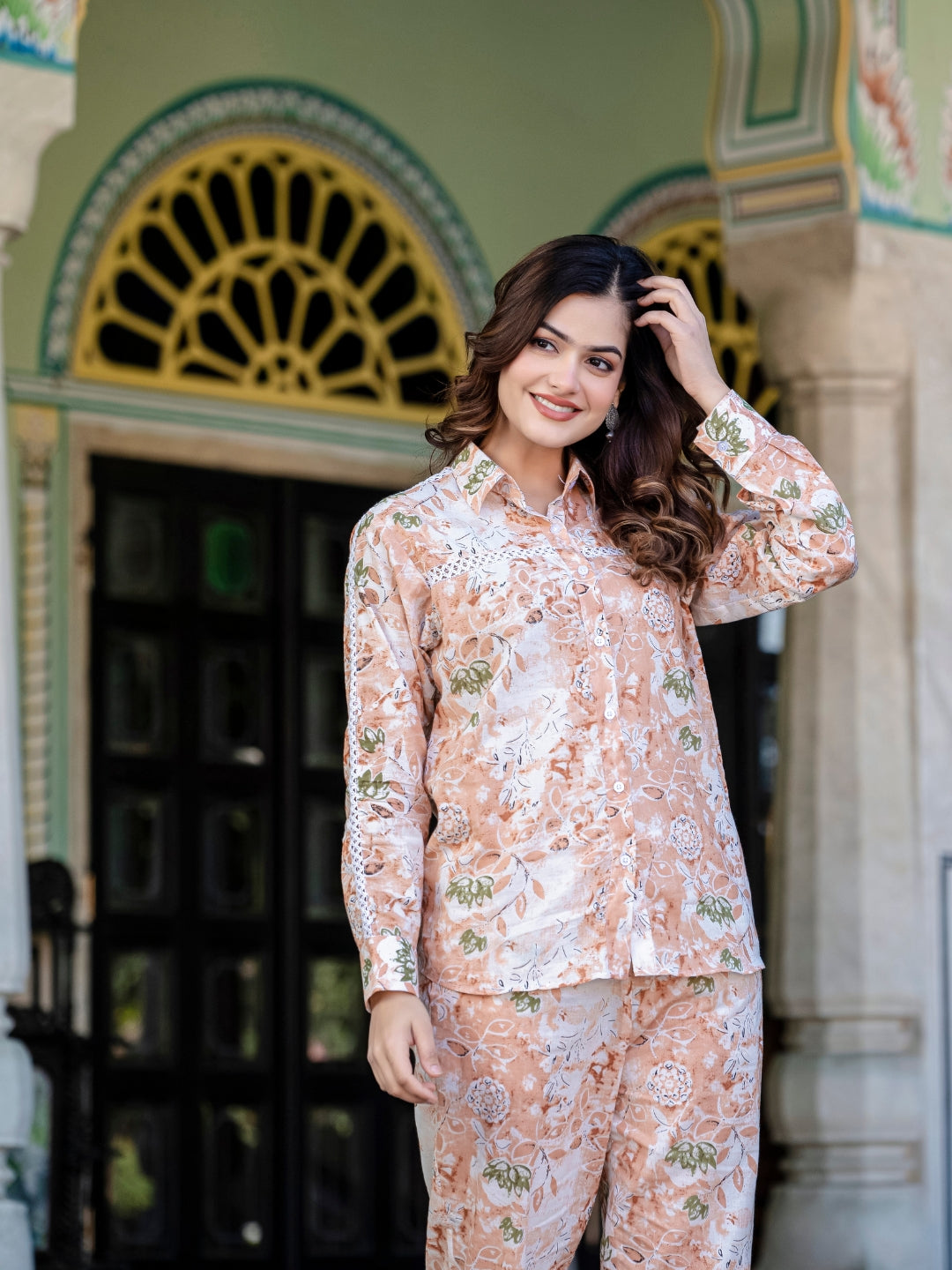 Peach Pure Cotton Lace Detailing Co-ord Set