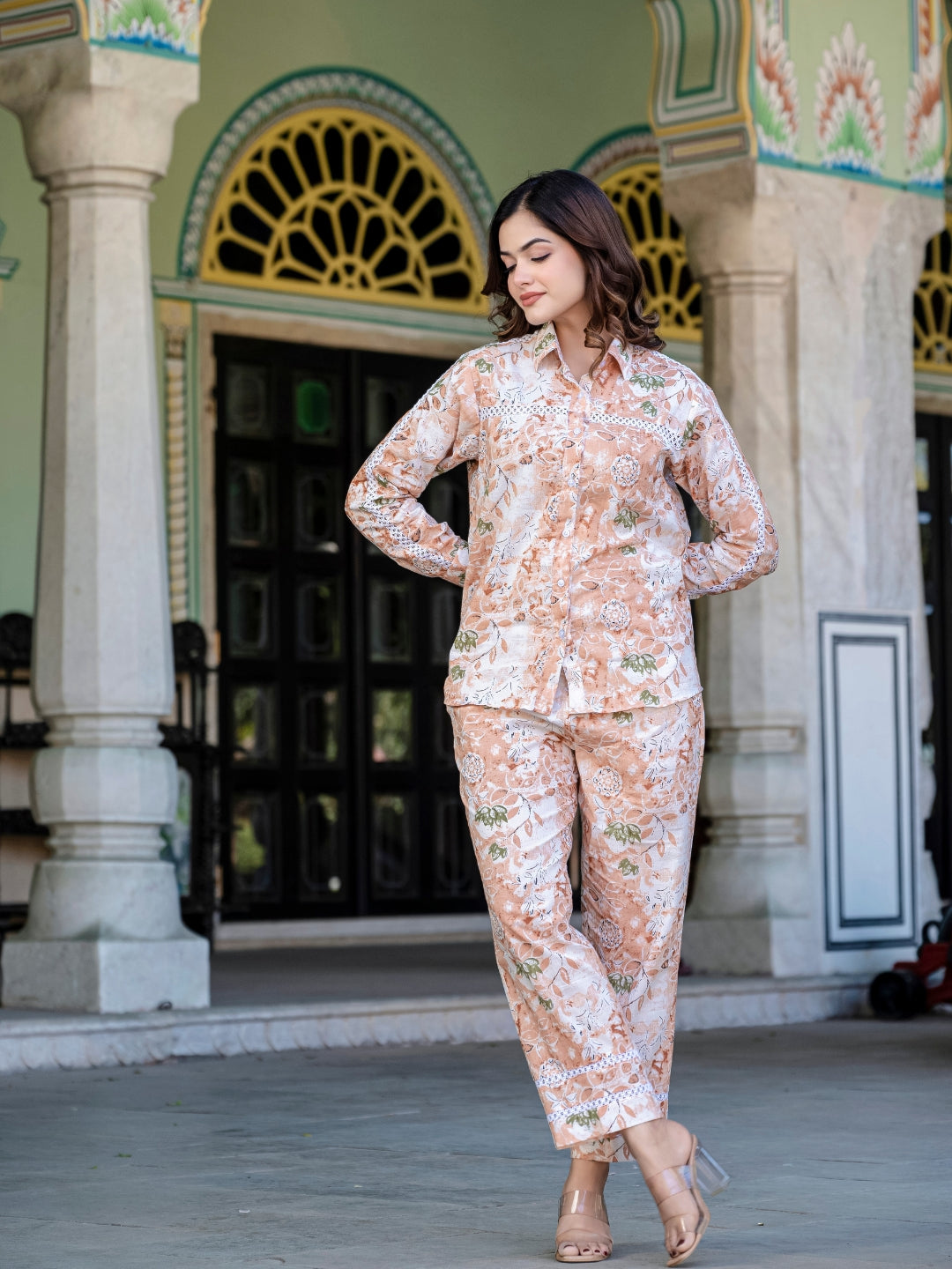 Peach Pure Cotton Lace Detailing Co-ord Set