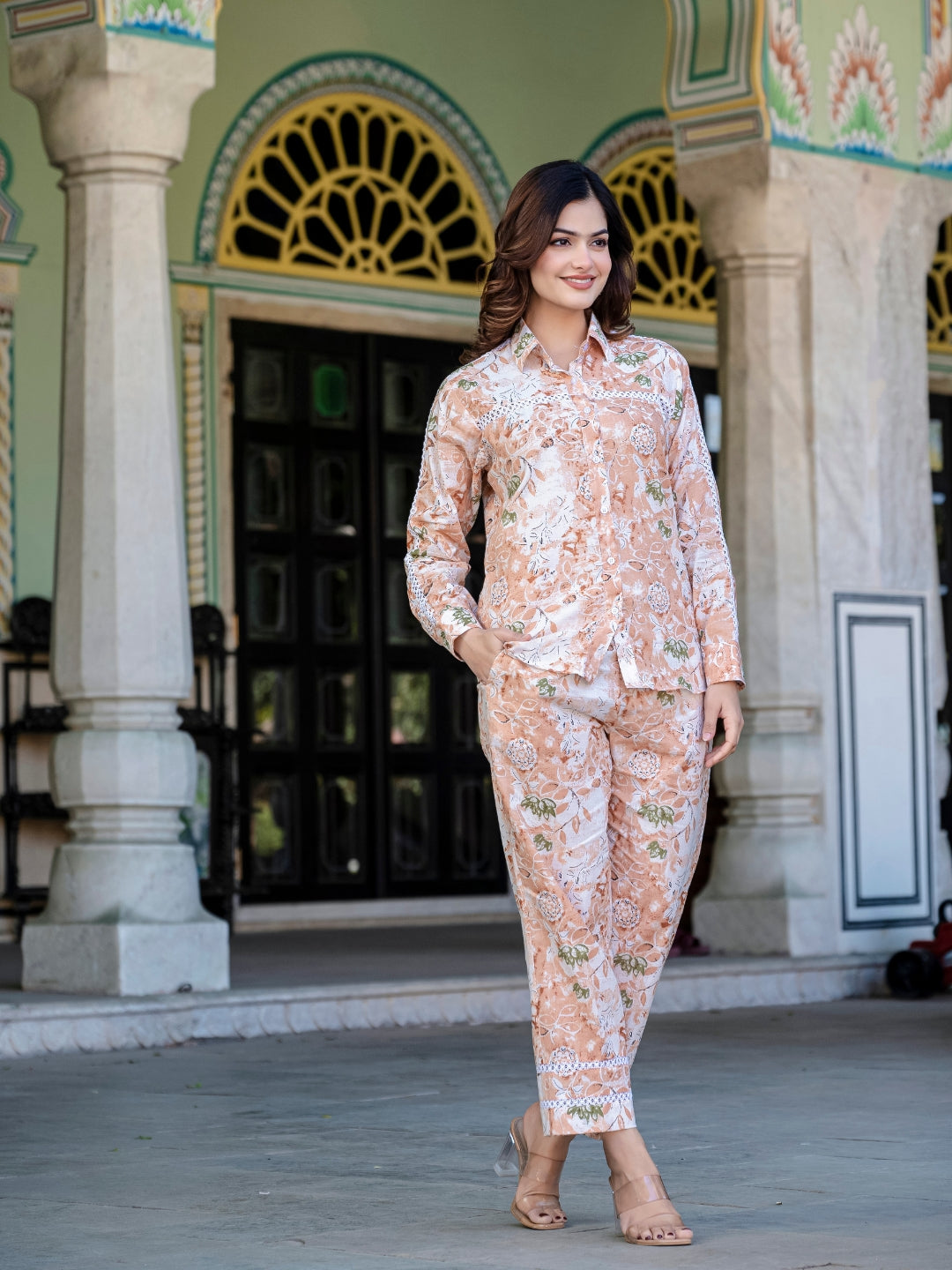 Peach Pure Cotton Lace Detailing Co-ord Set