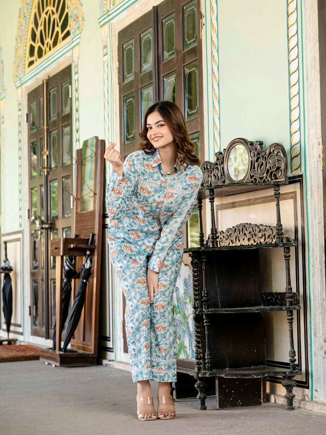 Blue Pure Cotton Lace Detailing Co-ord Set