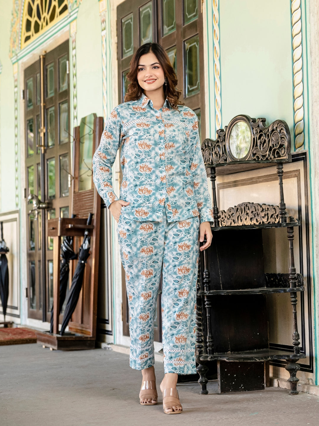 Blue Pure Cotton Lace Detailing Co-ord Set