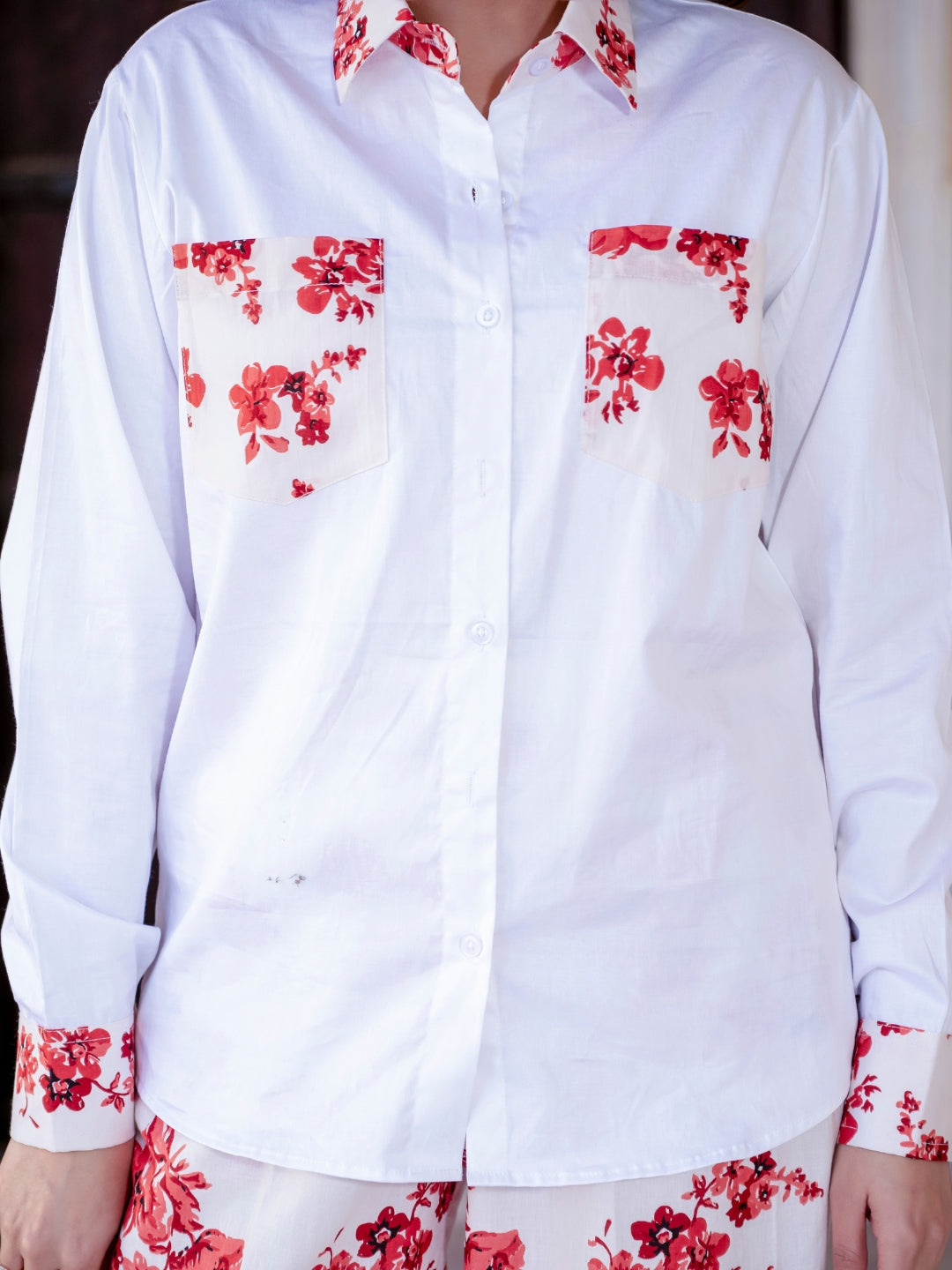 White Pure Cotton Red Flower Detailing Co-ord Set