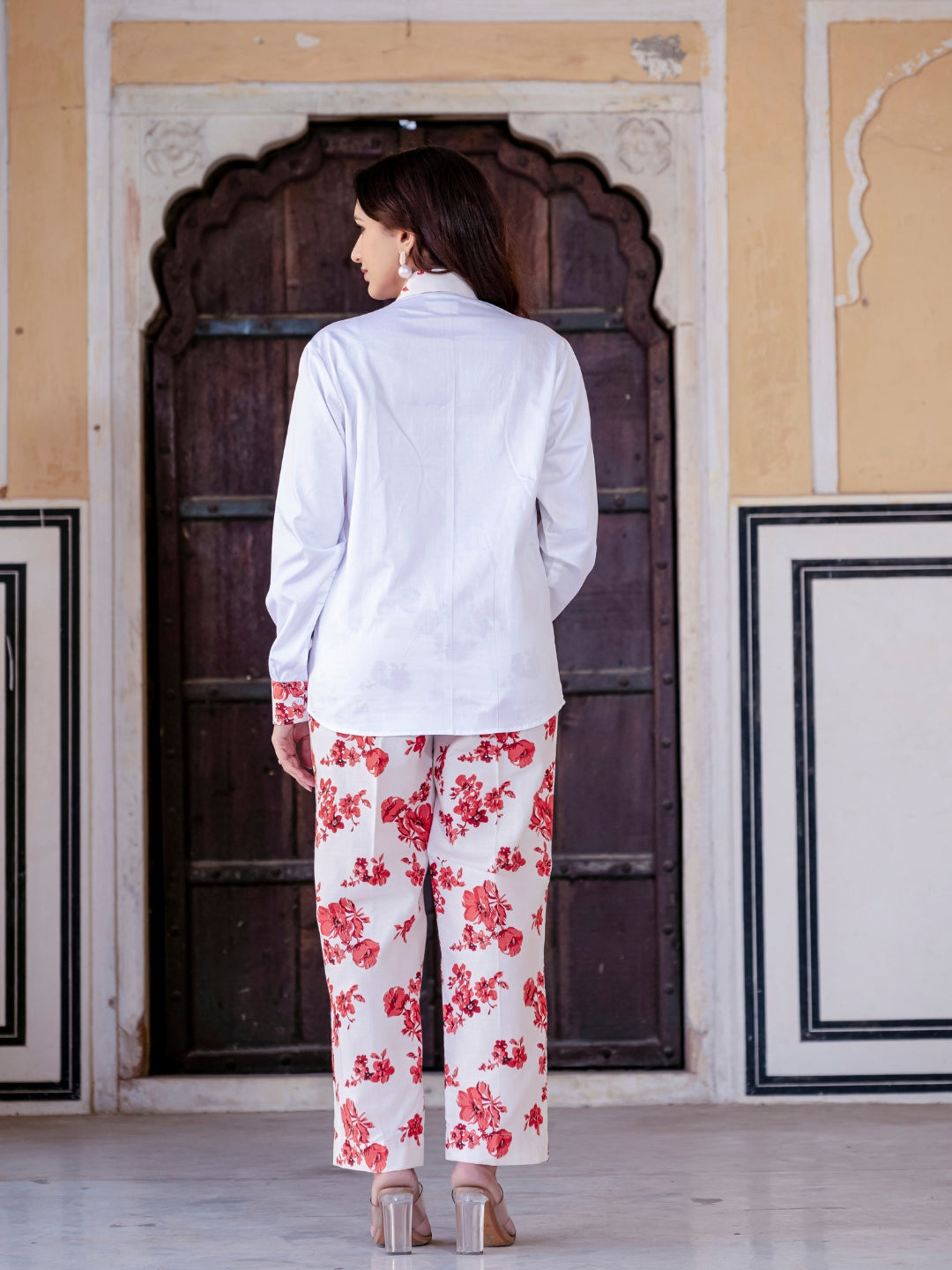 White Pure Cotton Red Flower Detailing Co-ord Set