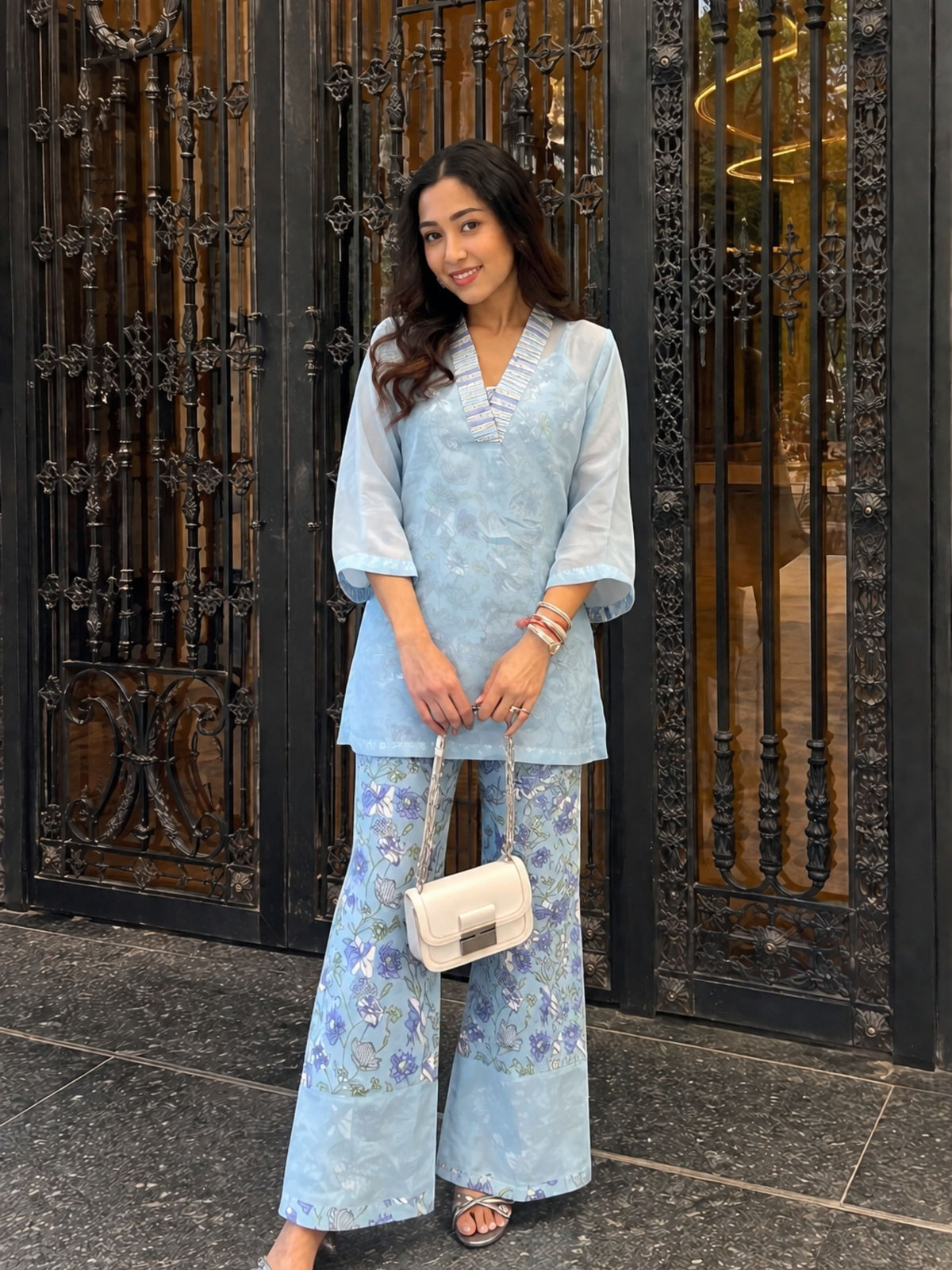 Blue Petal Whisper 3 piece Organza Cor-ord Set
