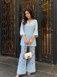 Blue Petal Whisper 3 piece Organza Cor-ord Set