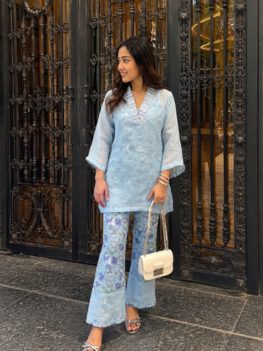 Blue Petal Whisper 3 piece Organza Cor-ord Set