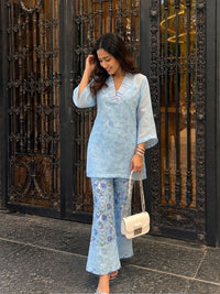 Blue Petal Whisper 3 piece Organza Cor-ord Set