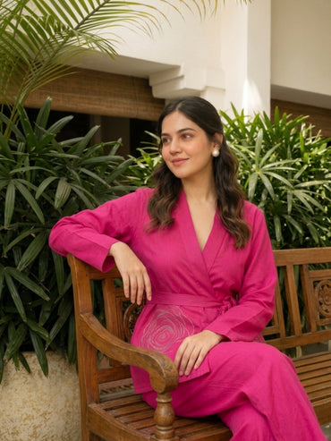 Pop Pink Italian Cotton Blazer Co-ord Set With Embroidery