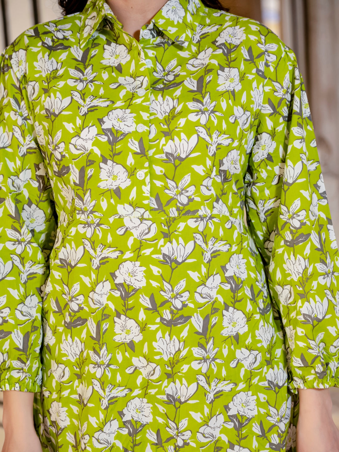 Pure Cotton Printed Green Mini Dress with Belt