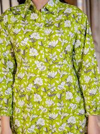Pure Cotton Printed Green Mini Dress with Belt