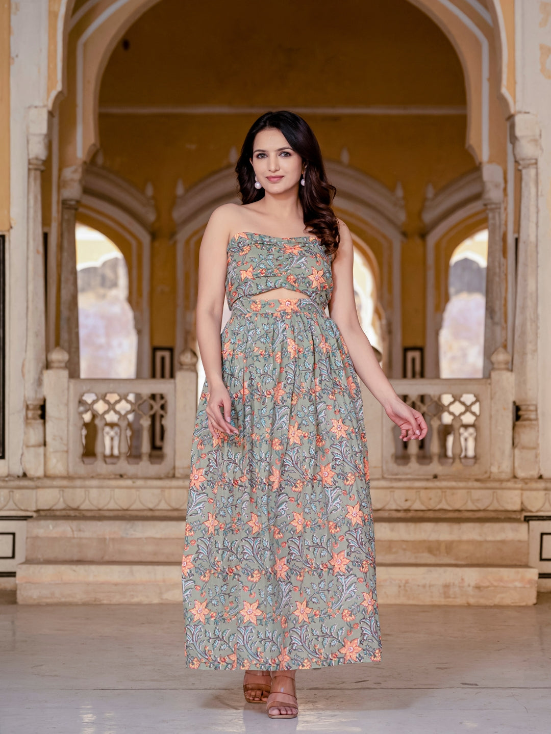 Green Pure Cotton Floral Tube Dress