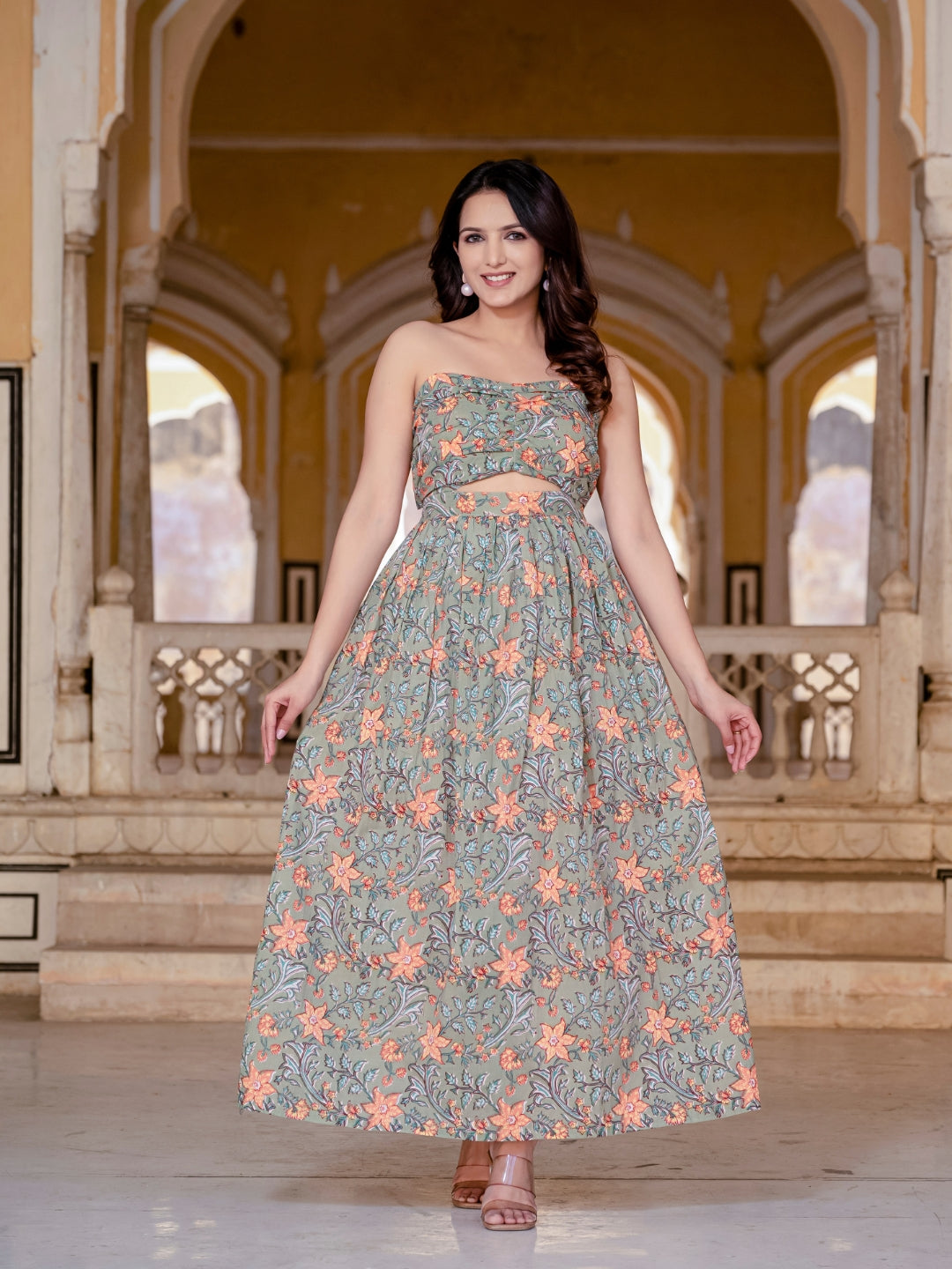 Green Pure Cotton Floral Tube Dress Saadgee India Green Pure Cotton Floral Tube Dress Saadgee India