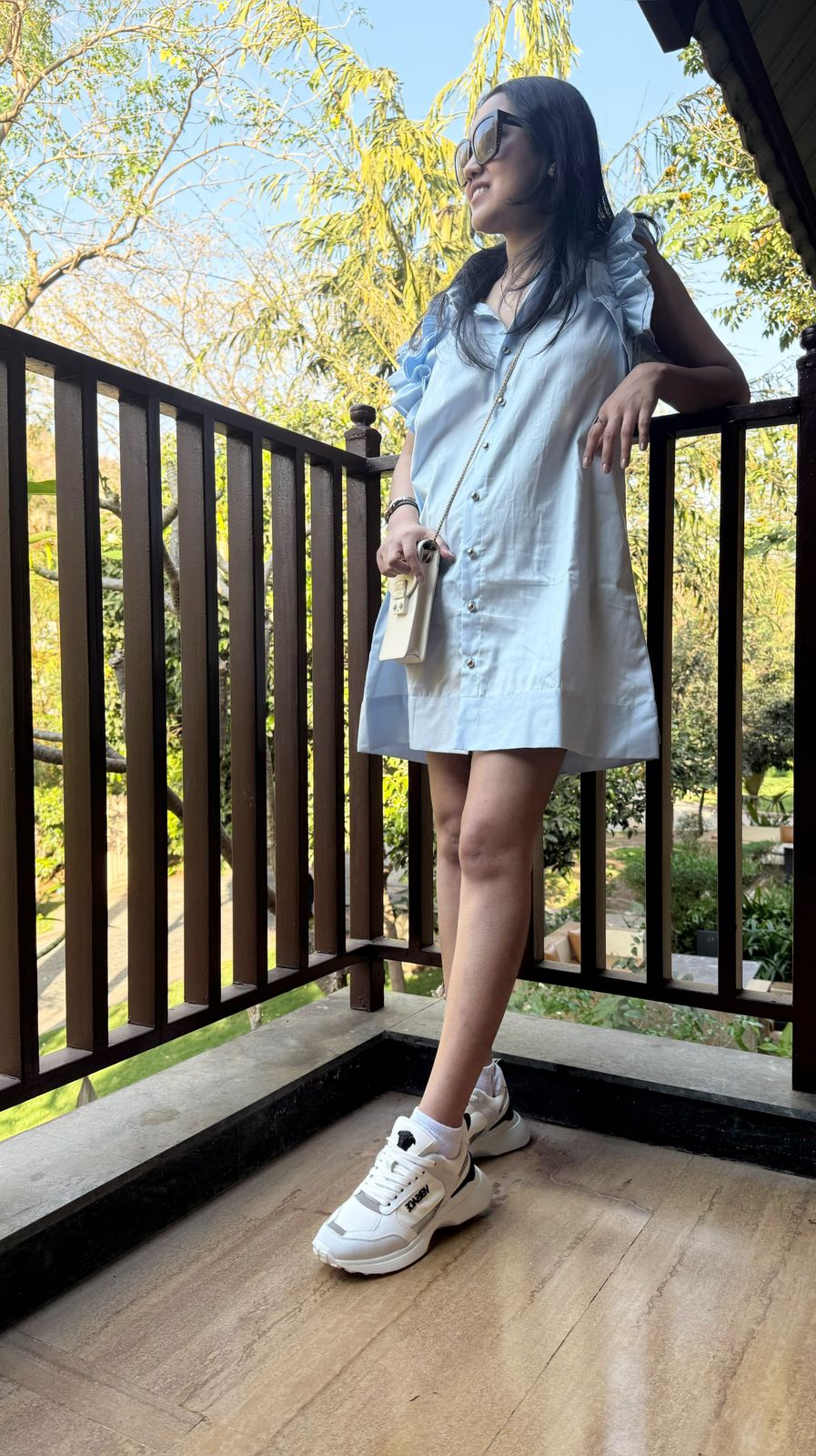 Light Blue Italian Cotton Frill Sleeveless Dress